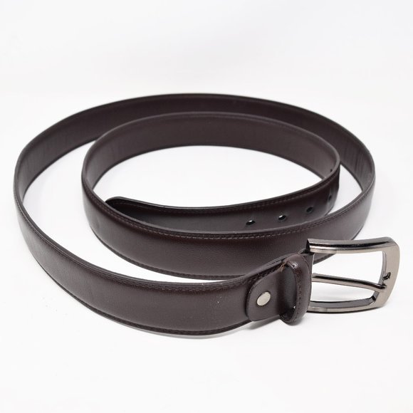 Faux Leather Belt Men 61 65 Brown Career Professional Silvertone Buckle Preppy - Picture 5 of 12